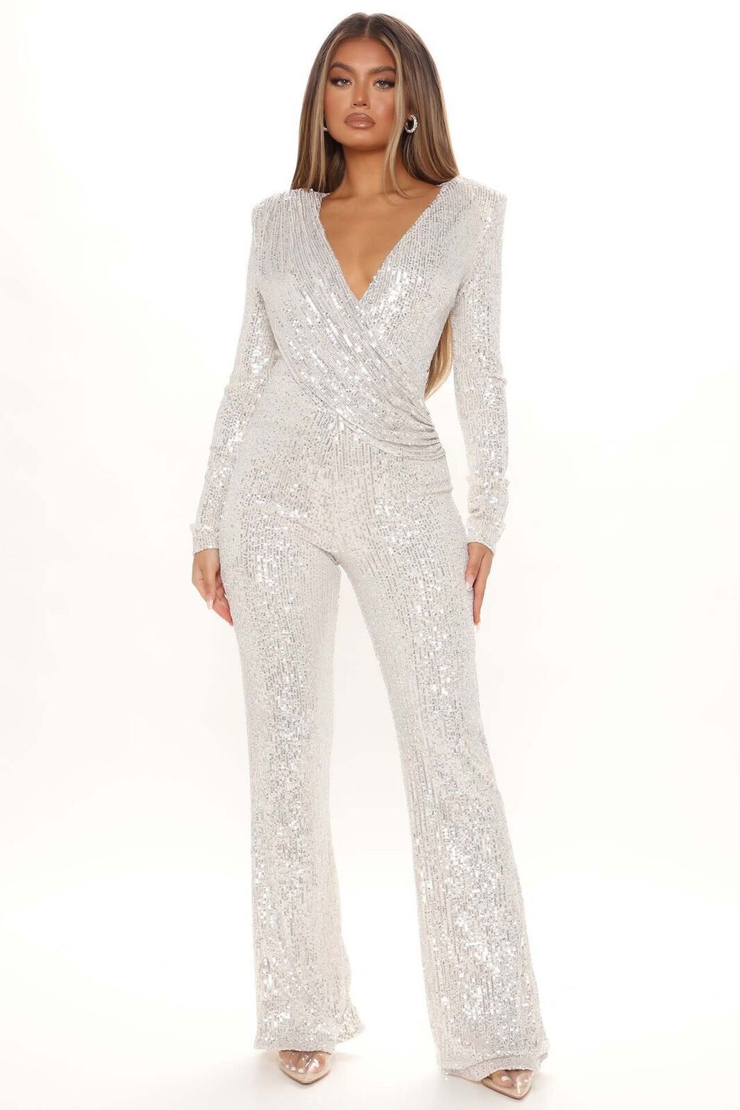 Women Sequin Jumpsuit V Neck Long Sleeve Sparkly One Piece Party Cocktail Romper - Picture 18 of 19