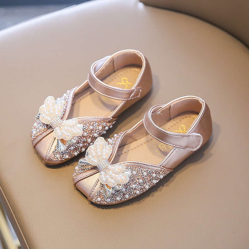 Children Leather Shoes Girls Party Rhinestone Bow Princess Dance Flats Kid Shoes
