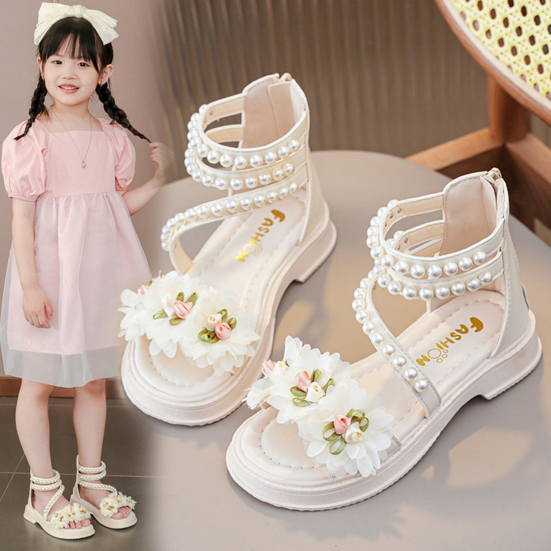 Girls Kids Pearl Flower Strappy Sandals Summer Holiday Beach Princess Shoes Size