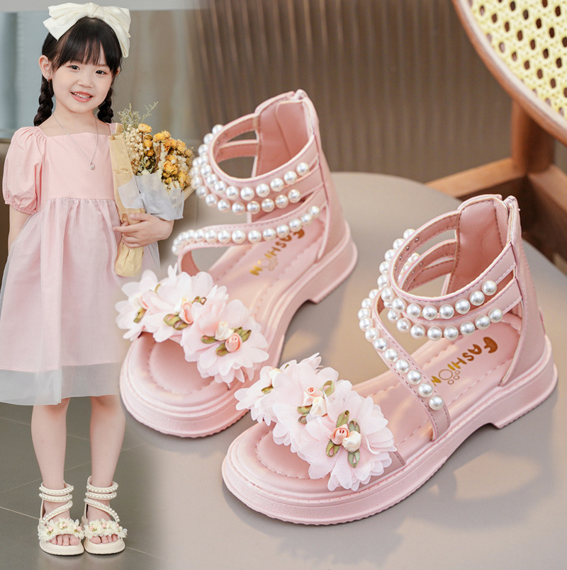 Girls Kids Pearl Flower Strappy Sandals Summer Holiday Beach Princess Shoes Size