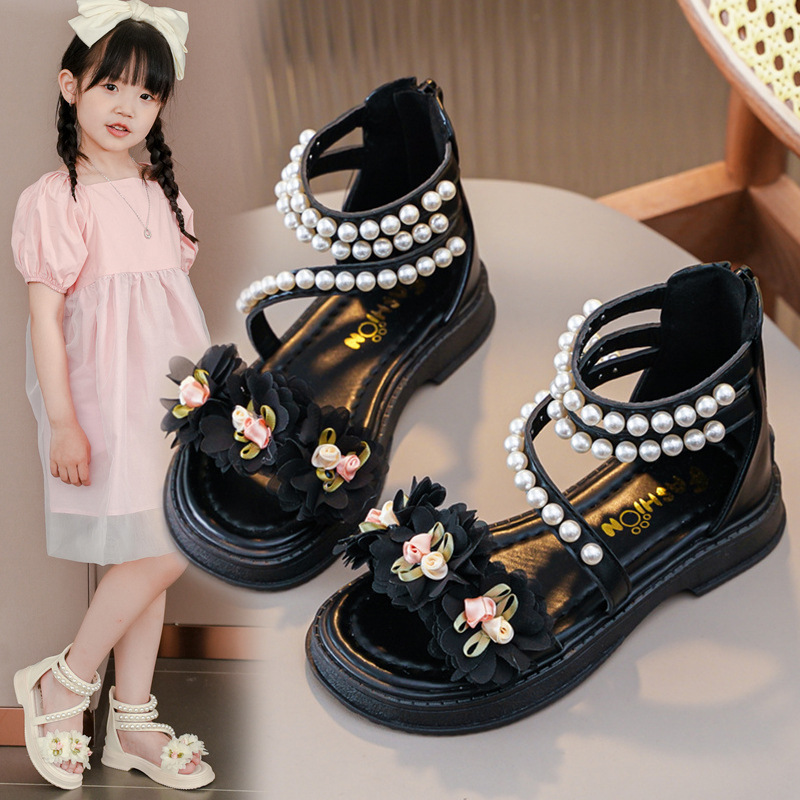 Girls Kids Pearl Flower Strappy Sandals Summer Holiday Beach Princess Shoes Size