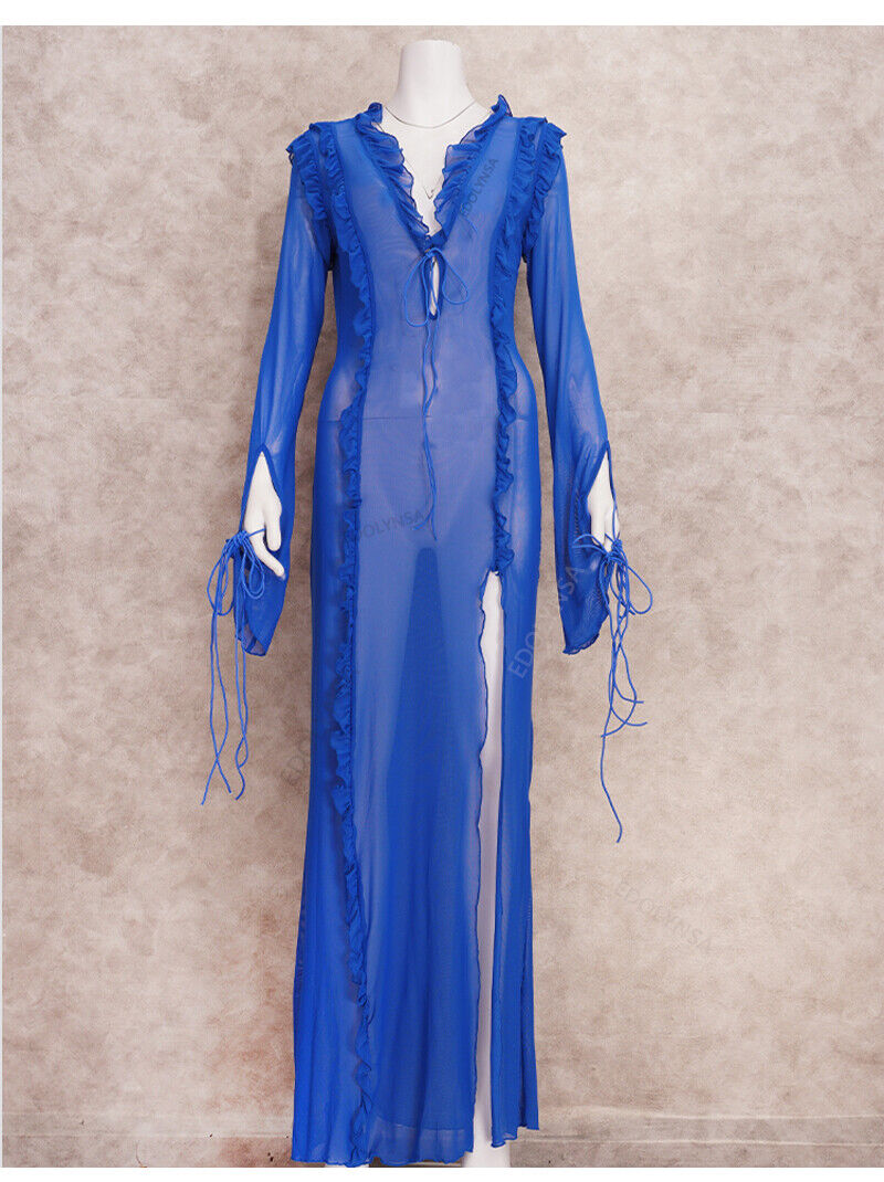 Lo último Maxi Vestido de Playa de Malla Manga Larga Similar a Rat Boa Transparente Ver a Través - Imagen 19 de 23