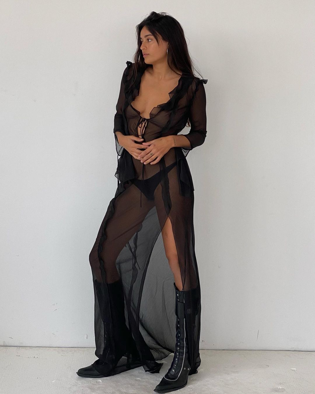 Lo último Maxi Vestido de Playa de Malla Manga Larga Similar a Rat Boa Transparente Ver a Través - Imagen 20 de 23