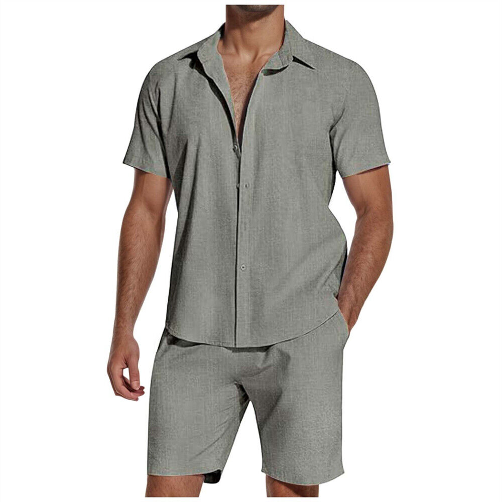 Men Outfit 2-Piece Set Short Sleeve Shirt and Shorts Summer Sweatsuit Beach Suit