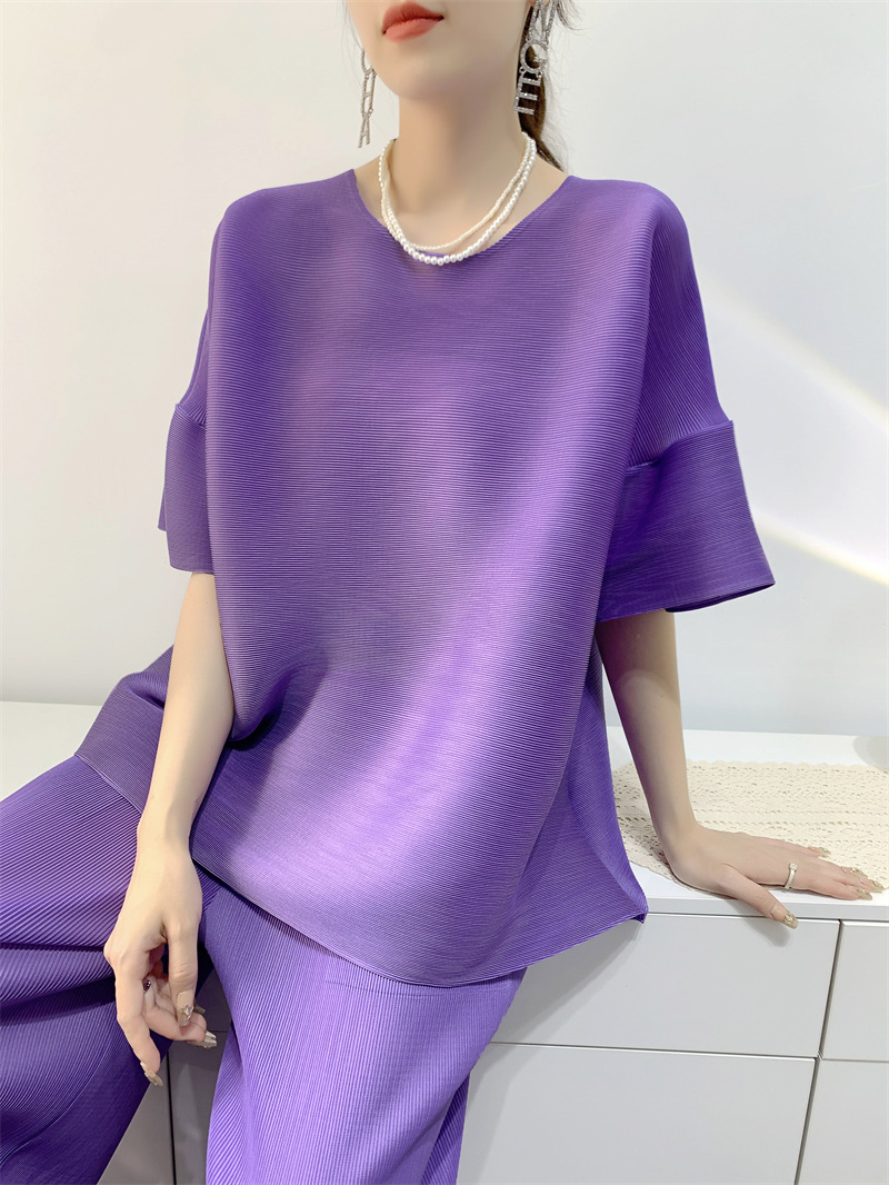 Summer Women’s Wrinkle Loose Top Straight Leg Trouser Split Wide Leg Trouser