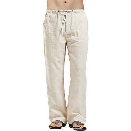 Mens Summer Cotton Linen Beach Pants Yoga Drawstring Elasticated Loose Trousers - Picture 14 of 24