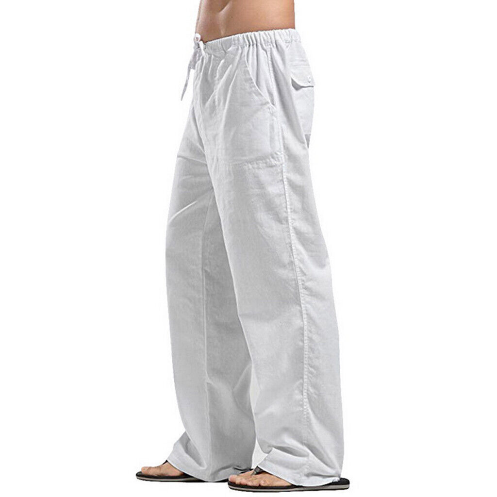 Mens Summer Cotton Linen Beach Pants Yoga Drawstring Elasticated Loose Trousers - Picture 16 of 24