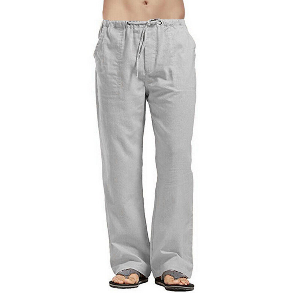 Mens Summer Cotton Linen Beach Pants Yoga Drawstring Elasticated Loose Trousers - Picture 20 of 24