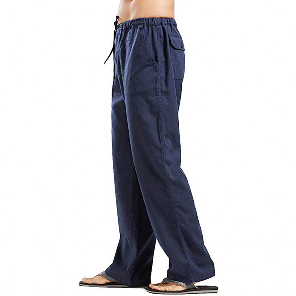 Mens Summer Cotton Linen Beach Pants Yoga Drawstring Elasticated Loose Trousers - Picture 21 of 24