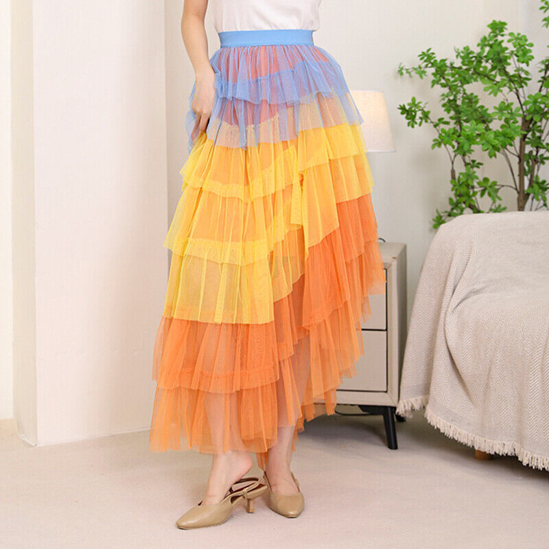 Women Gradient Puffy Cake Long Mesh Skirt Elastic Waist Ball Gown Tulle Skirt - Picture 12 of 20