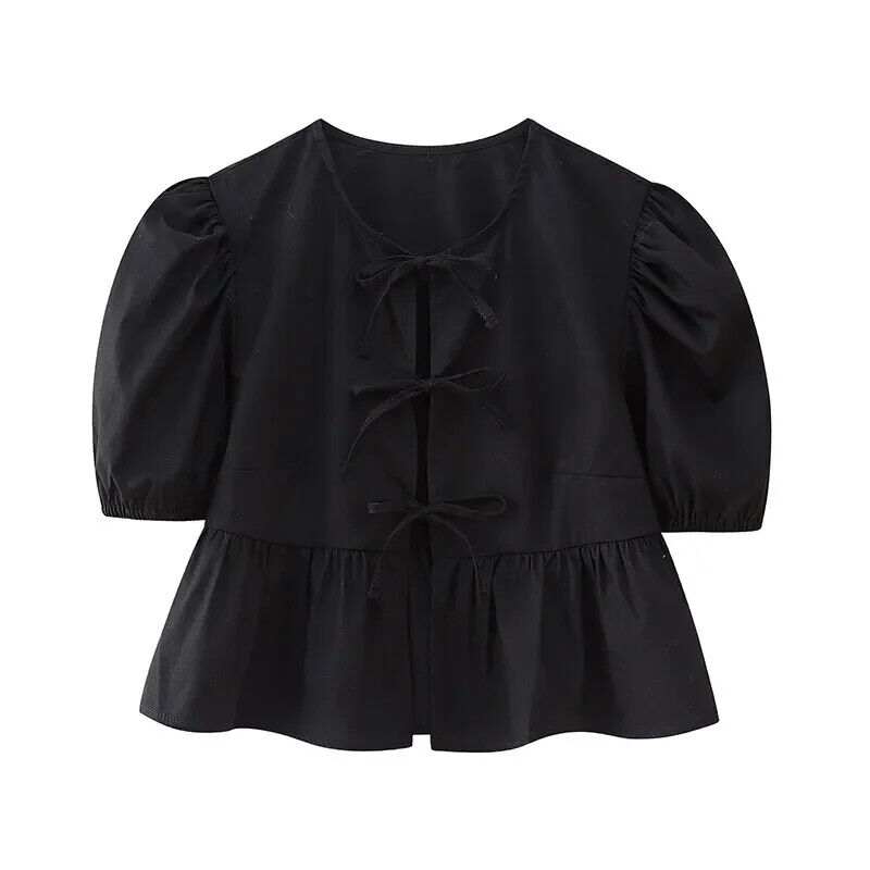 Hot selling Hot Women's new fluffy sleeve Peplum bow shirt short top