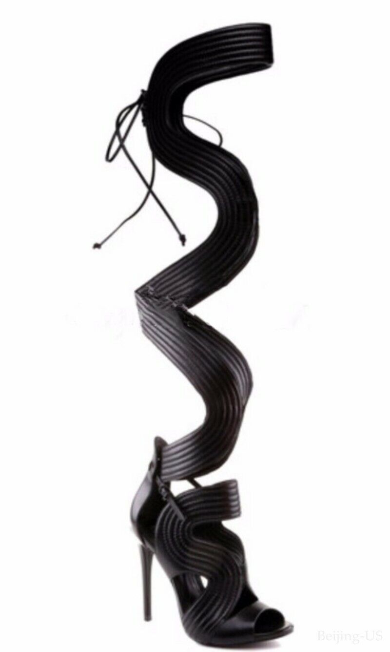 Ladies Peep Toe High Heels Pattern Hollow Out Gladiator Over Knee High Sandals - Picture 14 of 16