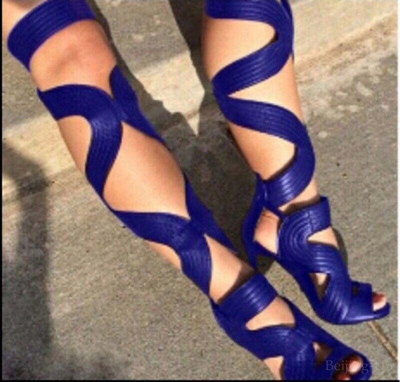 Ladies Peep Toe High Heels Pattern Hollow Out Gladiator Over Knee High Sandals - Picture 15 of 16