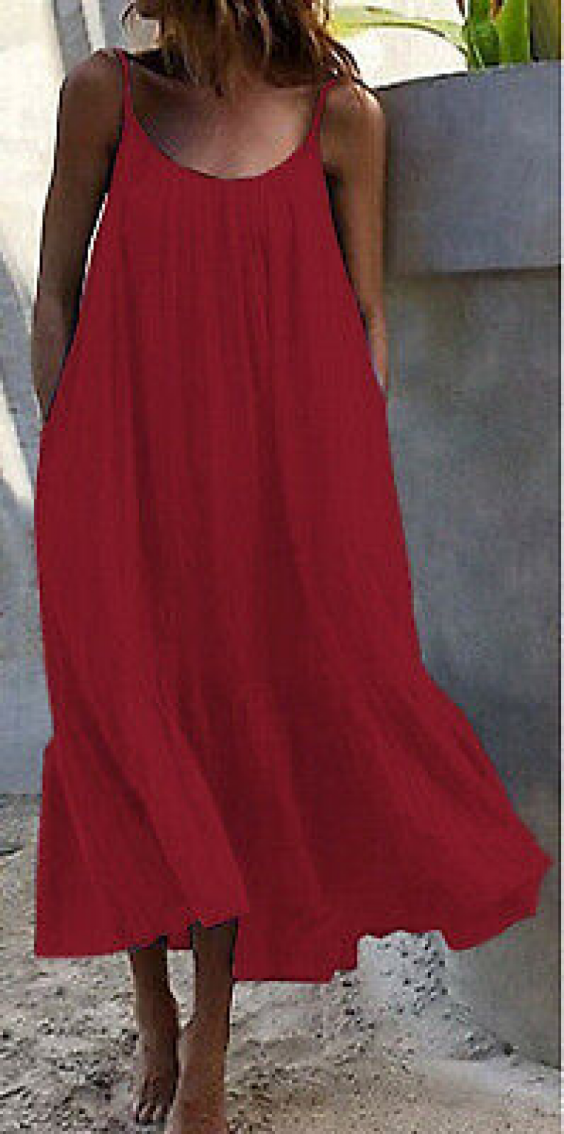 Summer Ruffle Edge Solid Color Long Dress Sleeveless Loose Thin Shoulder Dress - Picture 23 of 27