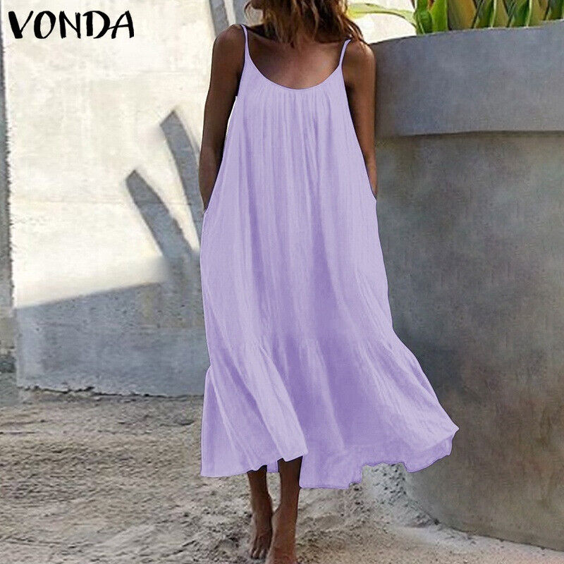 Summer Ruffle Edge Solid Color Long Dress Sleeveless Loose Thin Shoulder Dress - Picture 24 of 27