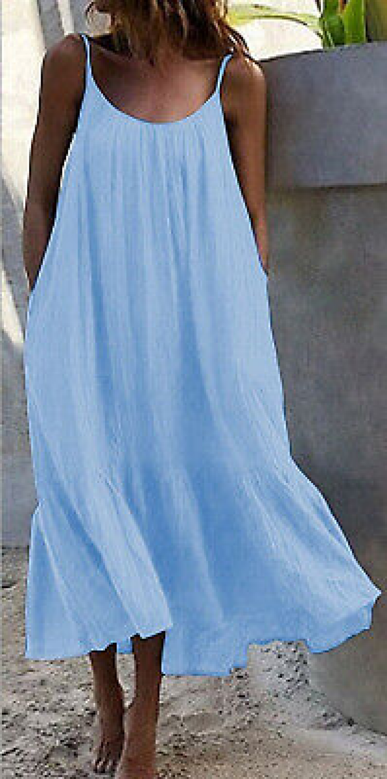 Summer Ruffle Edge Solid Color Long Dress Sleeveless Loose Thin Shoulder Dress - Picture 27 of 27