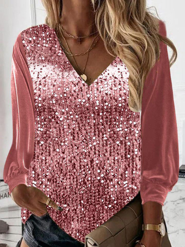 New V-Neck Loose Shirt Sequins Sexy Splicing Temperament Long-Sleeved Ladies Top - Picture 3 of 7