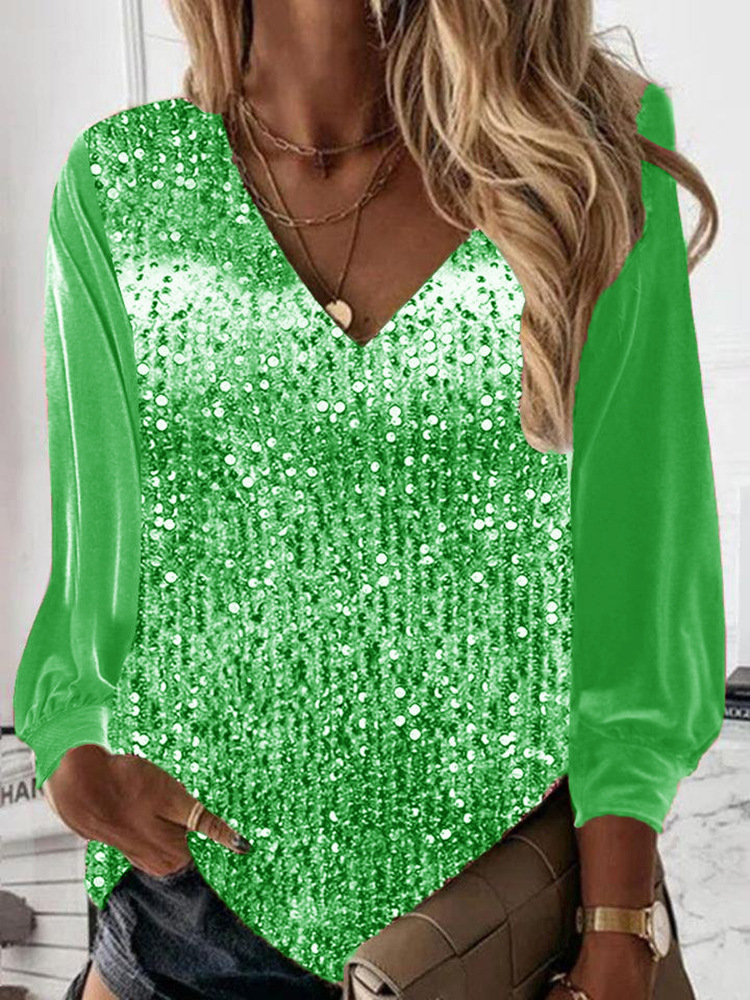 New V-Neck Loose Shirt Sequins Sexy Splicing Temperament Long-Sleeved Ladies Top - Picture 6 of 7