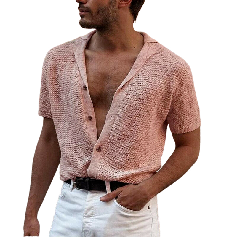 Hot selling men's shirt knitted cardigan short sleeved V-neck lapel top - Bild 8 von 8