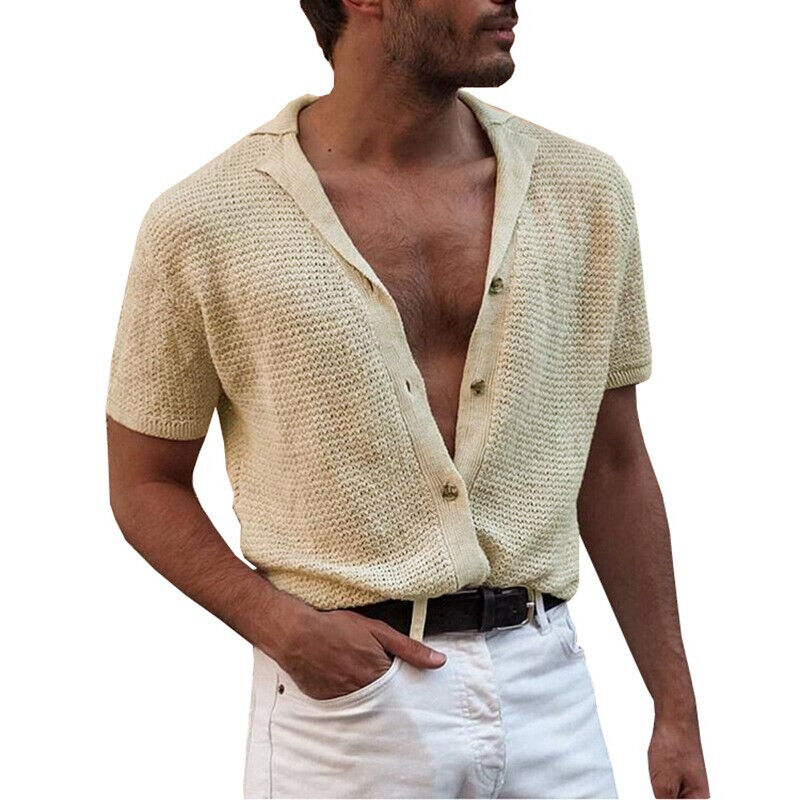 Hot selling men's shirt knitted cardigan short sleeved V-neck lapel top - Bild 7 von 8