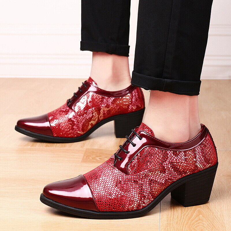 Men Pointed Toe Lace up Cuban Heel Formal Dress Snake Pattern Prom Shoes Oxfords