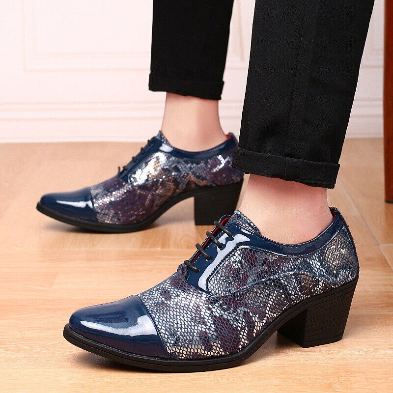 Men Pointed Toe Lace up Cuban Heel Formal Dress Snake Pattern Prom Shoes Oxfords