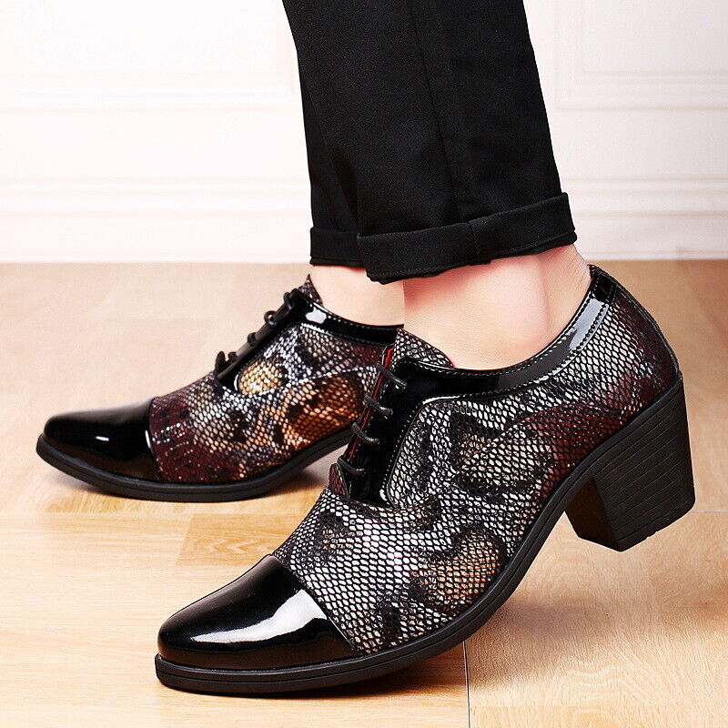 Men Pointed Toe Lace up Cuban Heel Formal Dress Snake Pattern Prom Shoes Oxfords