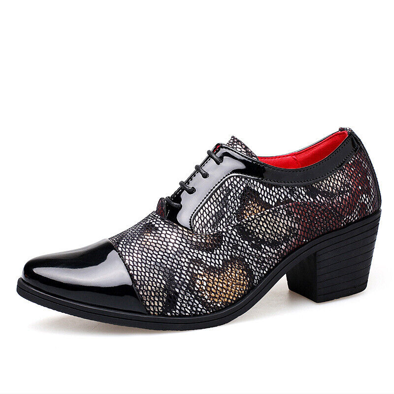 Men Pointed Toe Lace up Cuban Heel Formal Dress Snake Pattern Prom Shoes Oxfords