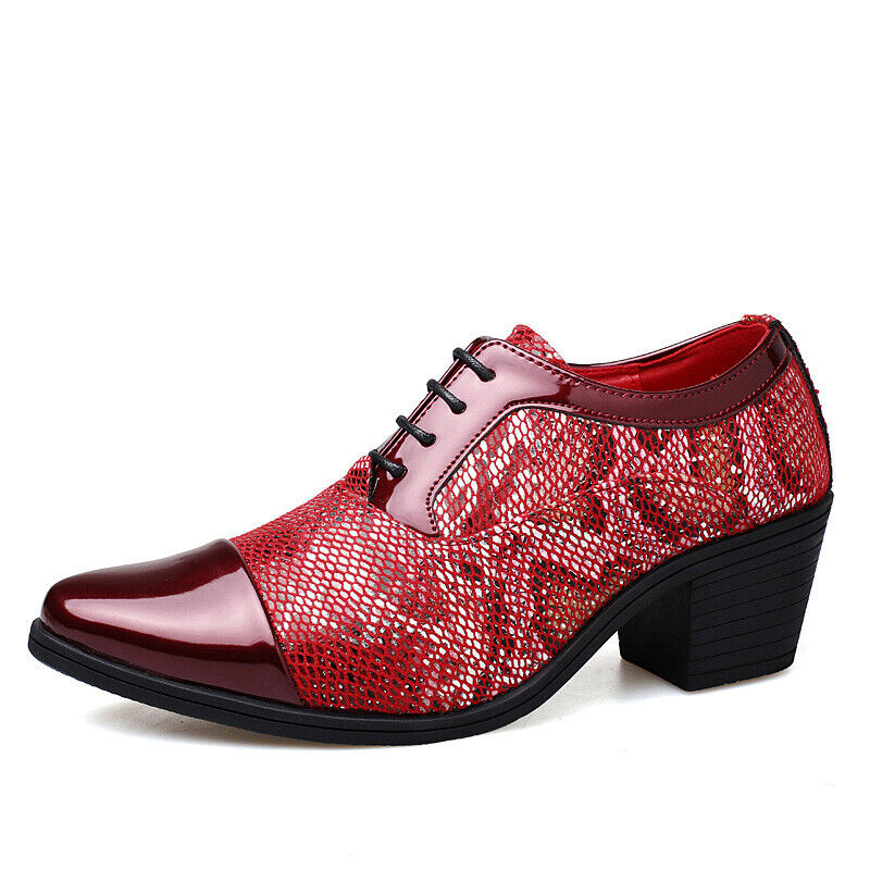 Men Pointed Toe Lace up Cuban Heel Formal Dress Snake Pattern Prom Shoes Oxfords