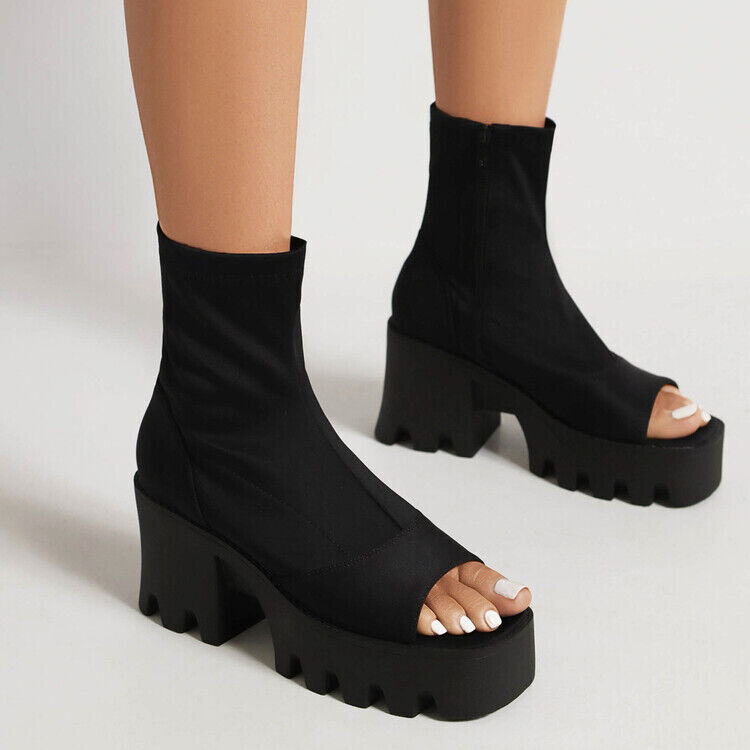 Mujeres Primavera Verano Peep Toe Elástico Botines Punk Sandalias Cremallera Zapatos Talla - Imagen 20 de 23
