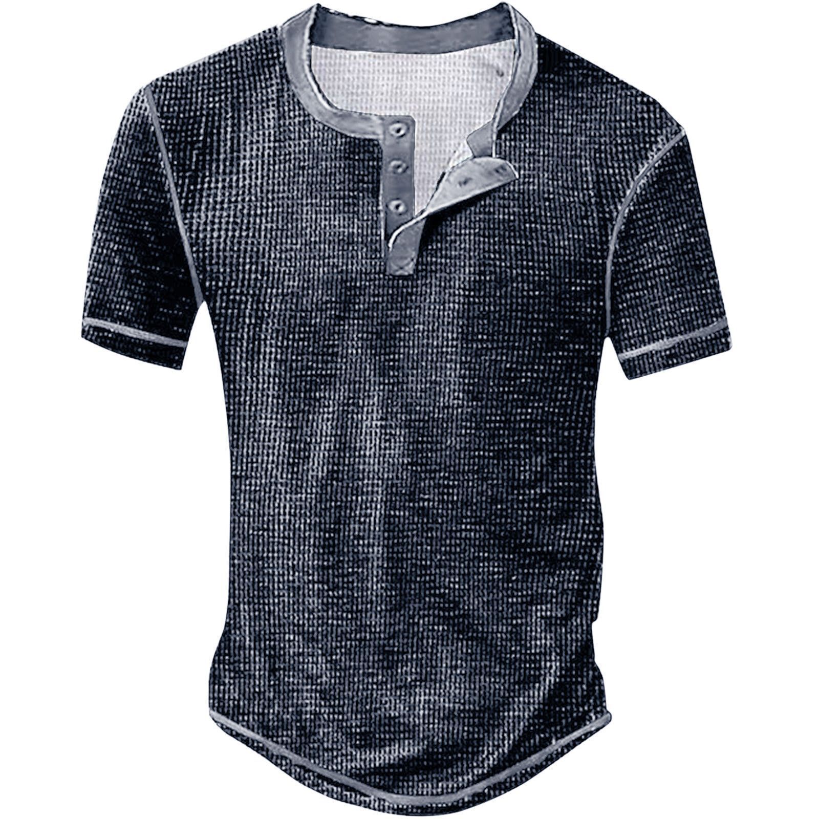 Men's Short Sleeve T-Shirt Casual Button Henley Neck  Basic Summer Solid T Shirt