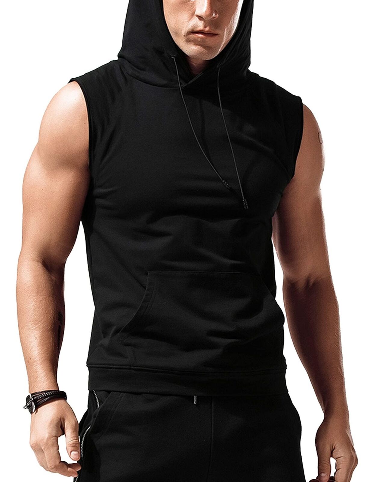 Men's Athletic Hooded Vest with Pocket Muscle Tank Tops  Sports Bodybuilding Gym