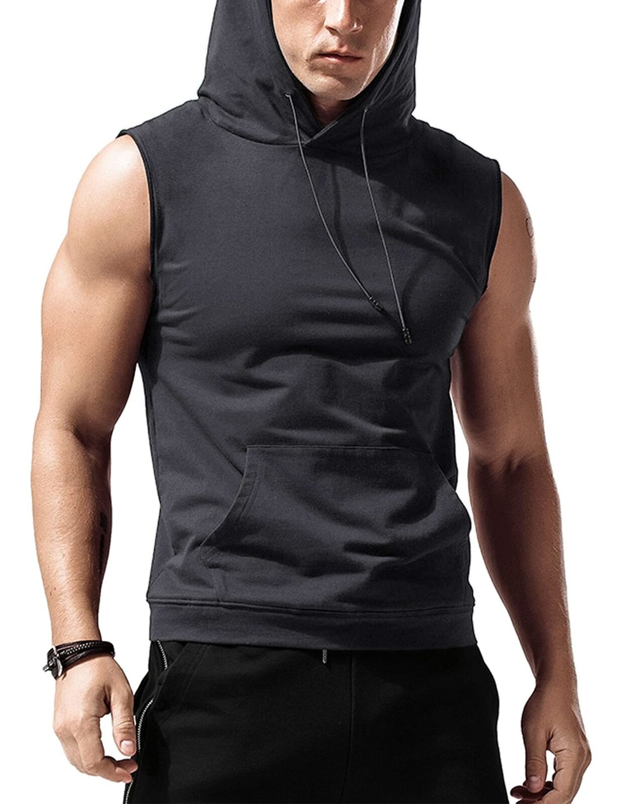 Men's Athletic Hooded Vest with Pocket Muscle Tank Tops  Sports Bodybuilding Gym