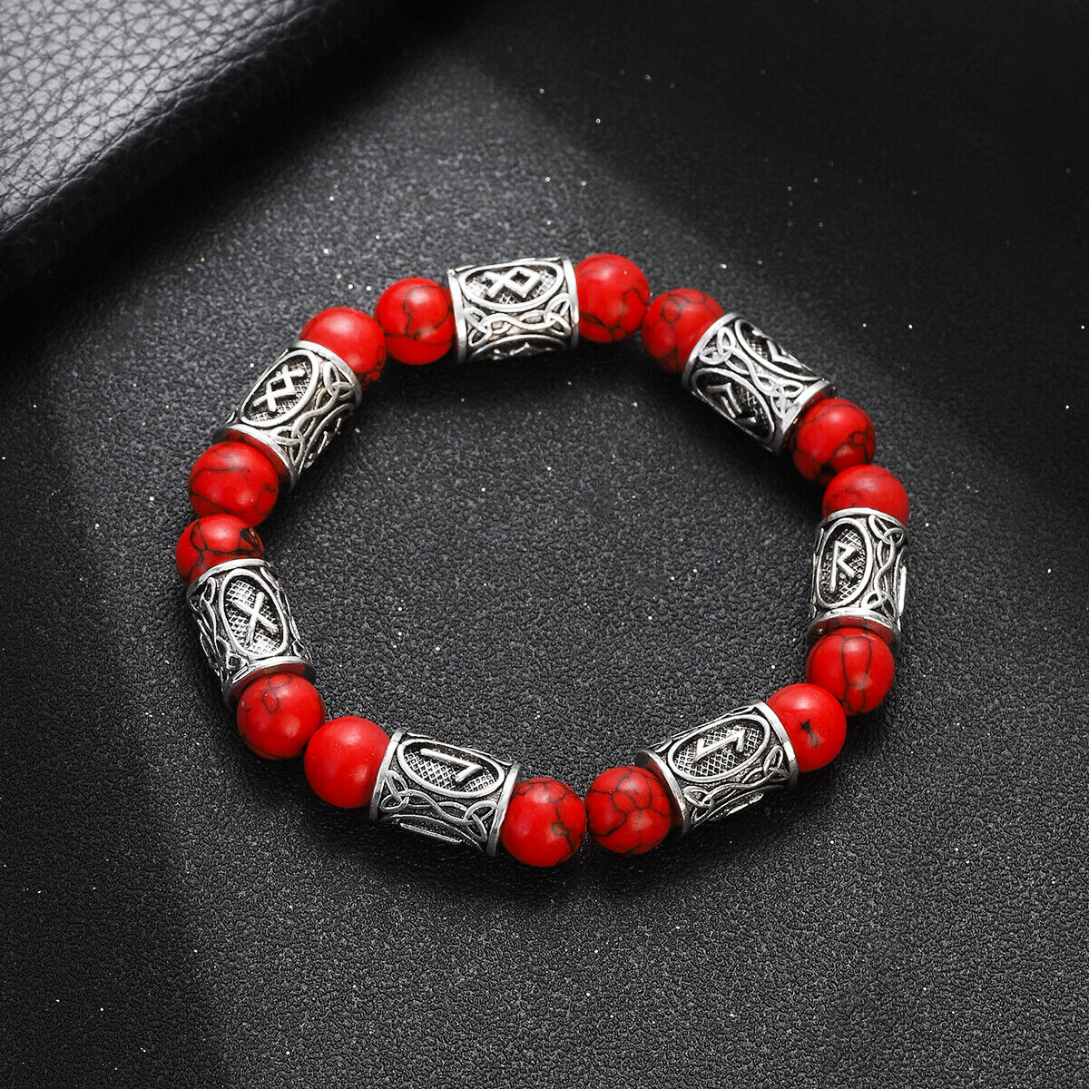 Engraved Vintage Men Mjolnir Hammer Nordic Runes Bracelet 8mm Stone Bracelets - Picture 13 of 33