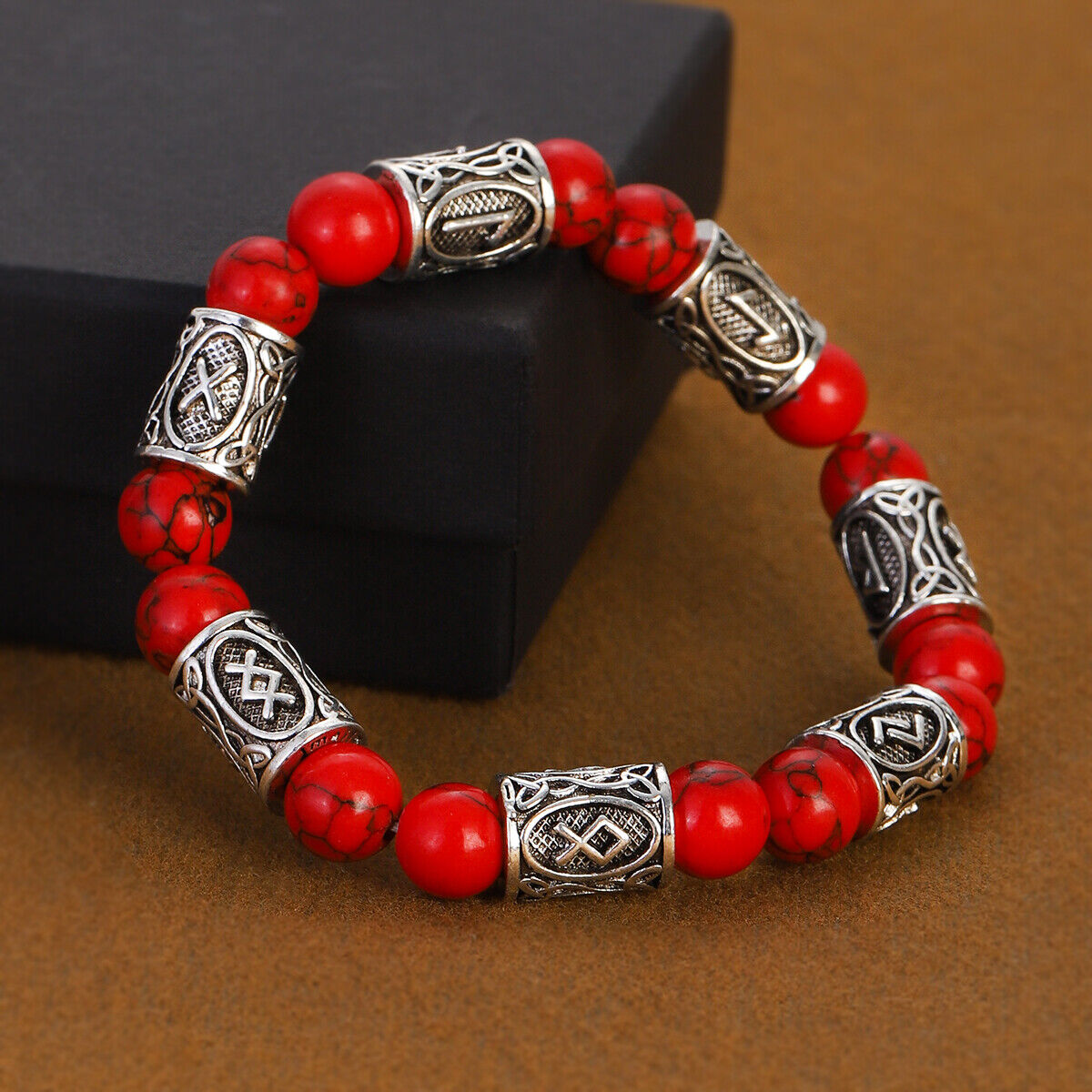 Engraved Vintage Men Mjolnir Hammer Nordic Runes Bracelet 8mm Stone Bracelets - Picture 14 of 33