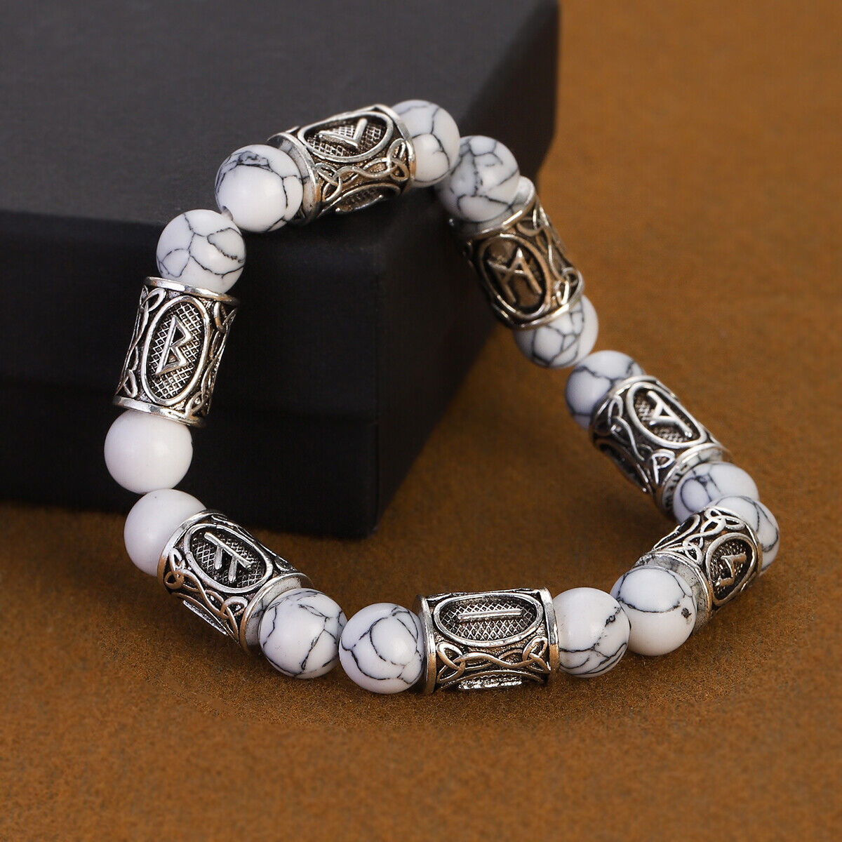 Engraved Vintage Men Mjolnir Hammer Nordic Runes Bracelet 8mm Stone Bracelets - Picture 18 of 33