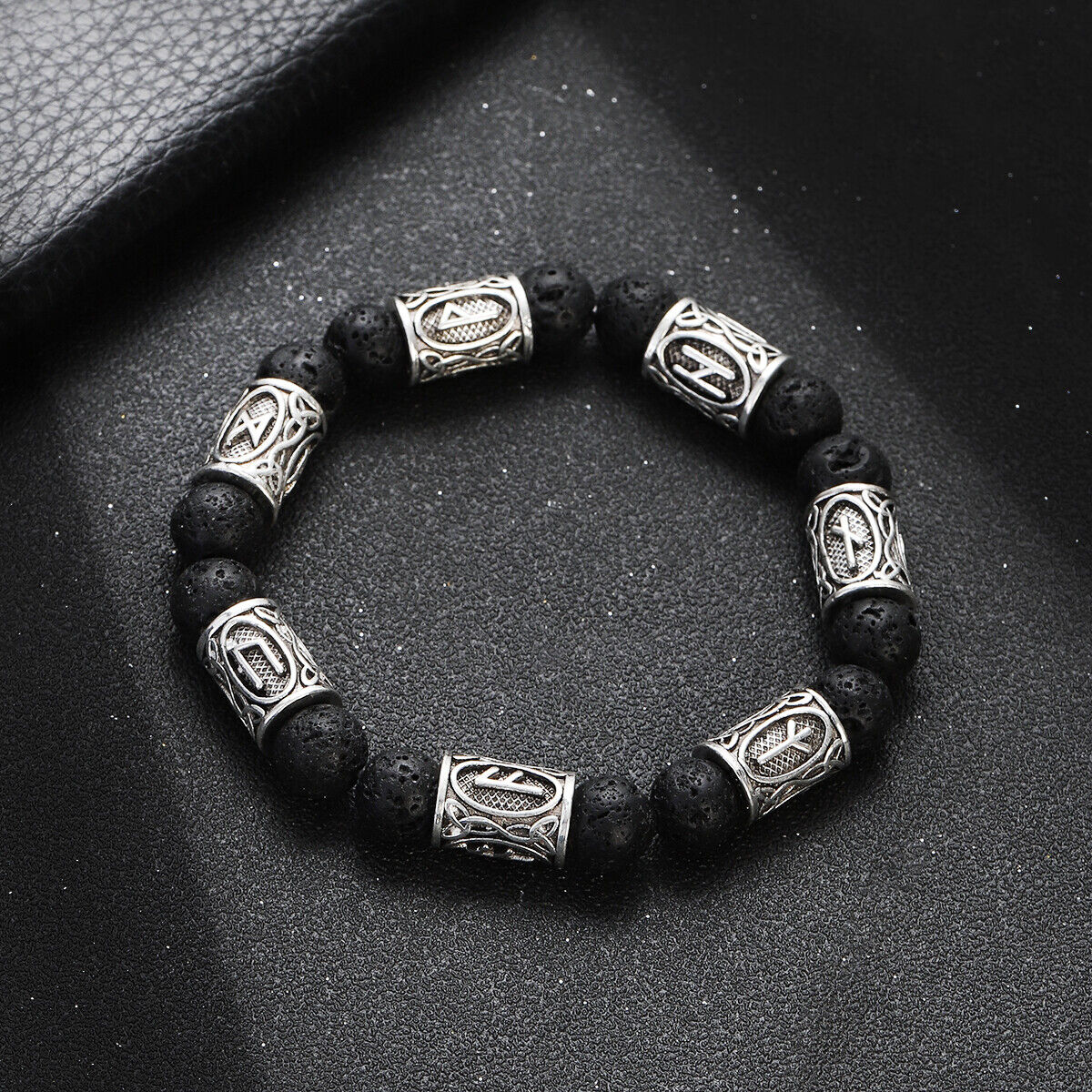 Engraved Vintage Men Mjolnir Hammer Nordic Runes Bracelet 8mm Stone Bracelets - Picture 21 of 33