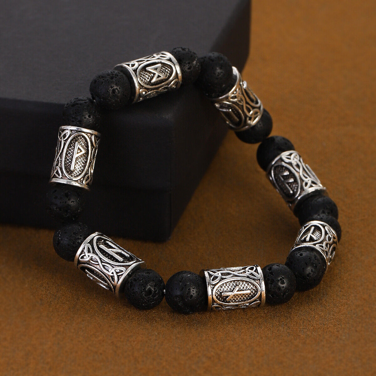 Engraved Vintage Men Mjolnir Hammer Nordic Runes Bracelet 8mm Stone Bracelets - Picture 22 of 33