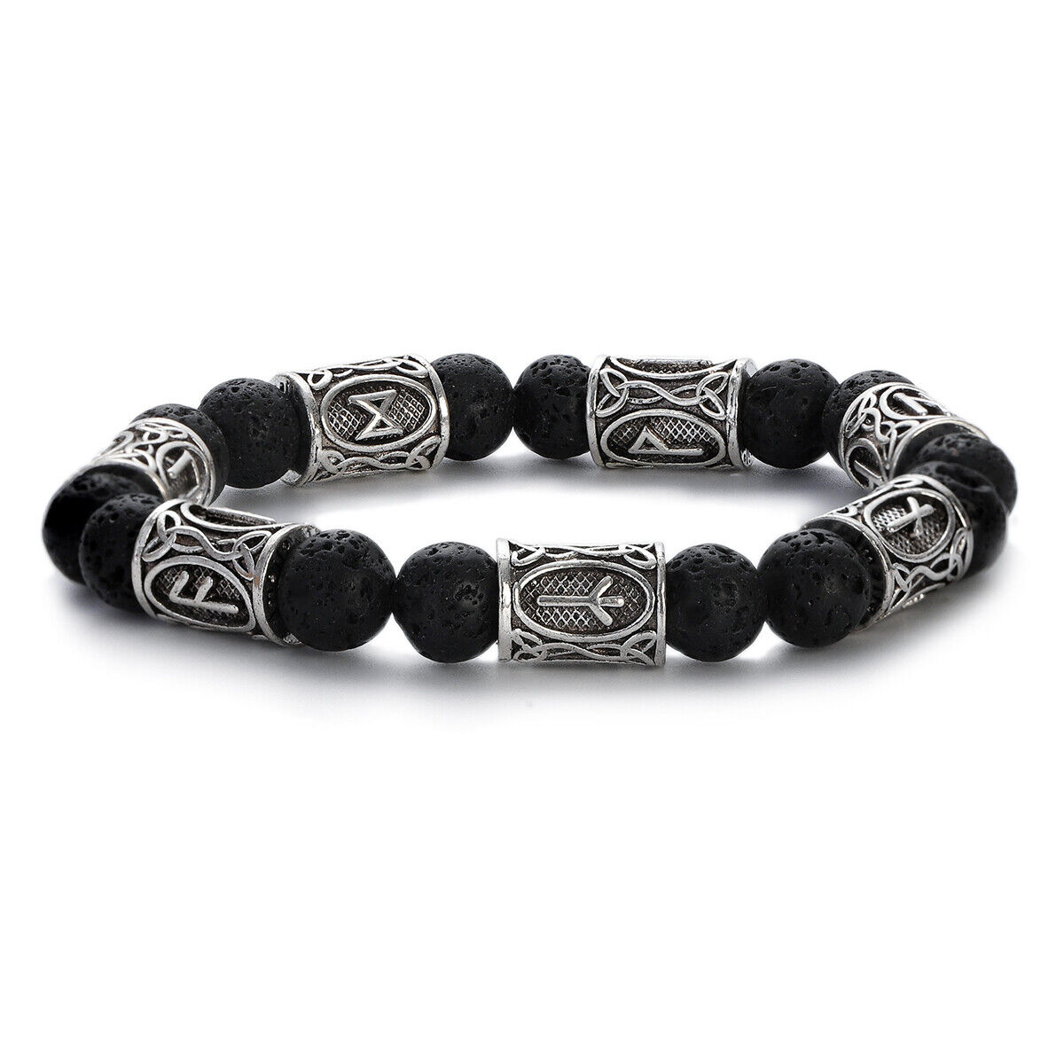 Engraved Vintage Men Mjolnir Hammer Nordic Runes Bracelet 8mm Stone Bracelets - Picture 23 of 33
