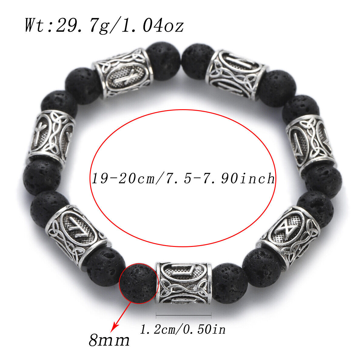 Engraved Vintage Men Mjolnir Hammer Nordic Runes Bracelet 8mm Stone Bracelets - Picture 24 of 33