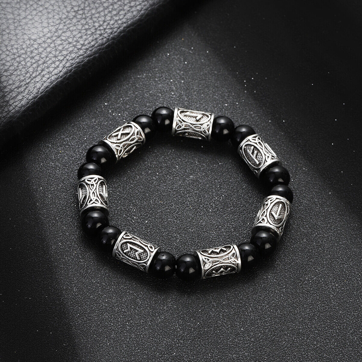 Engraved Vintage Men Mjolnir Hammer Nordic Runes Bracelet 8mm Stone Bracelets - Picture 25 of 33