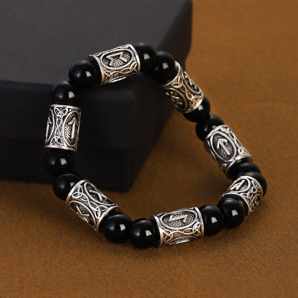 Engraved Vintage Men Mjolnir Hammer Nordic Runes Bracelet 8mm Stone Bracelets - Picture 26 of 33