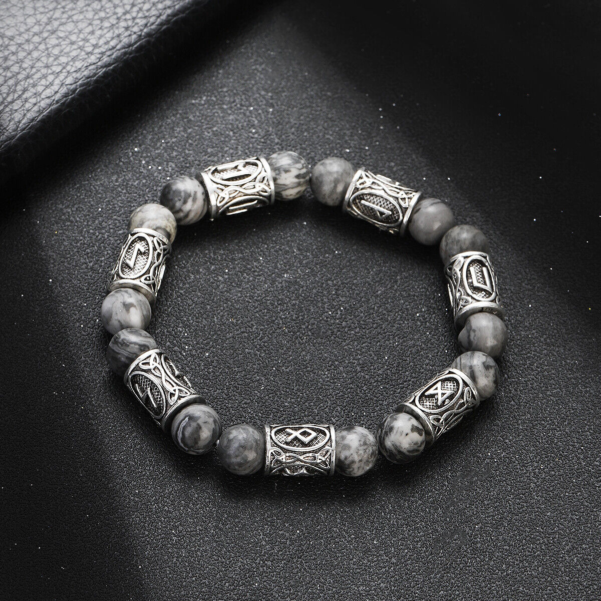 Engraved Vintage Men Mjolnir Hammer Nordic Runes Bracelet 8mm Stone Bracelets - Picture 29 of 33