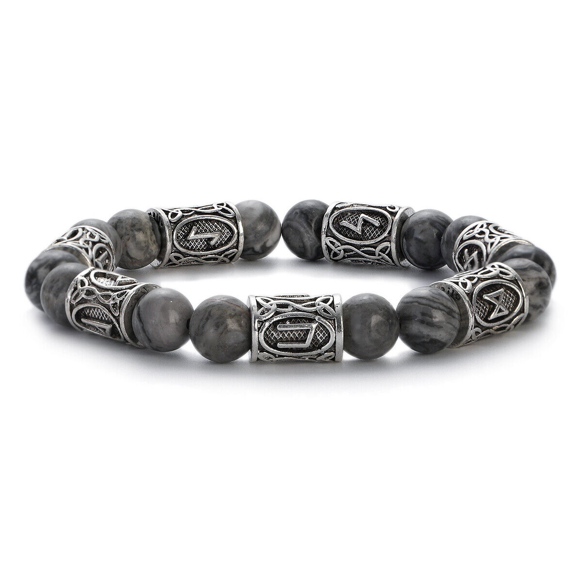 Engraved Vintage Men Mjolnir Hammer Nordic Runes Bracelet 8mm Stone Bracelets - Picture 31 of 33