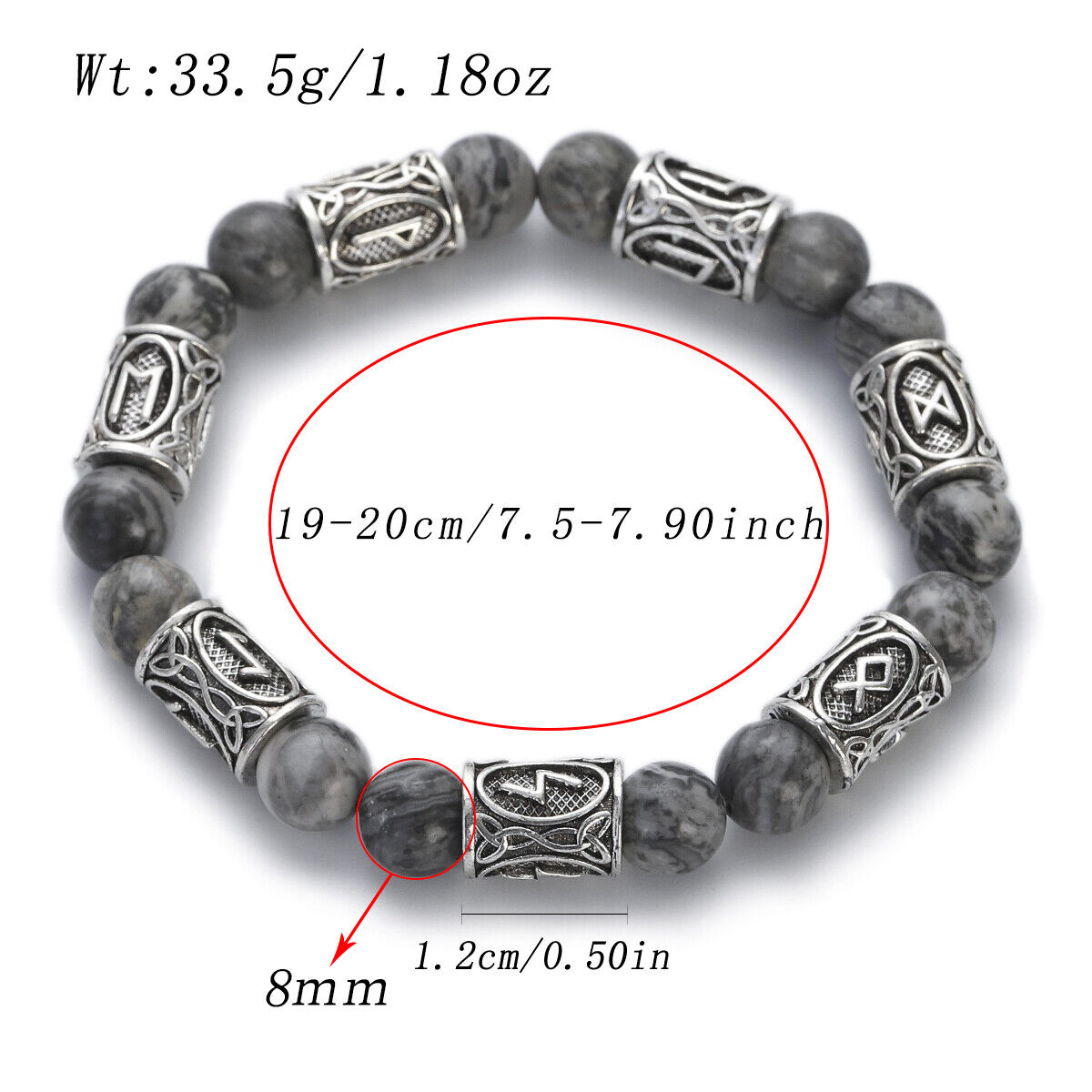 Engraved Vintage Men Mjolnir Hammer Nordic Runes Bracelet 8mm Stone Bracelets - Picture 32 of 33