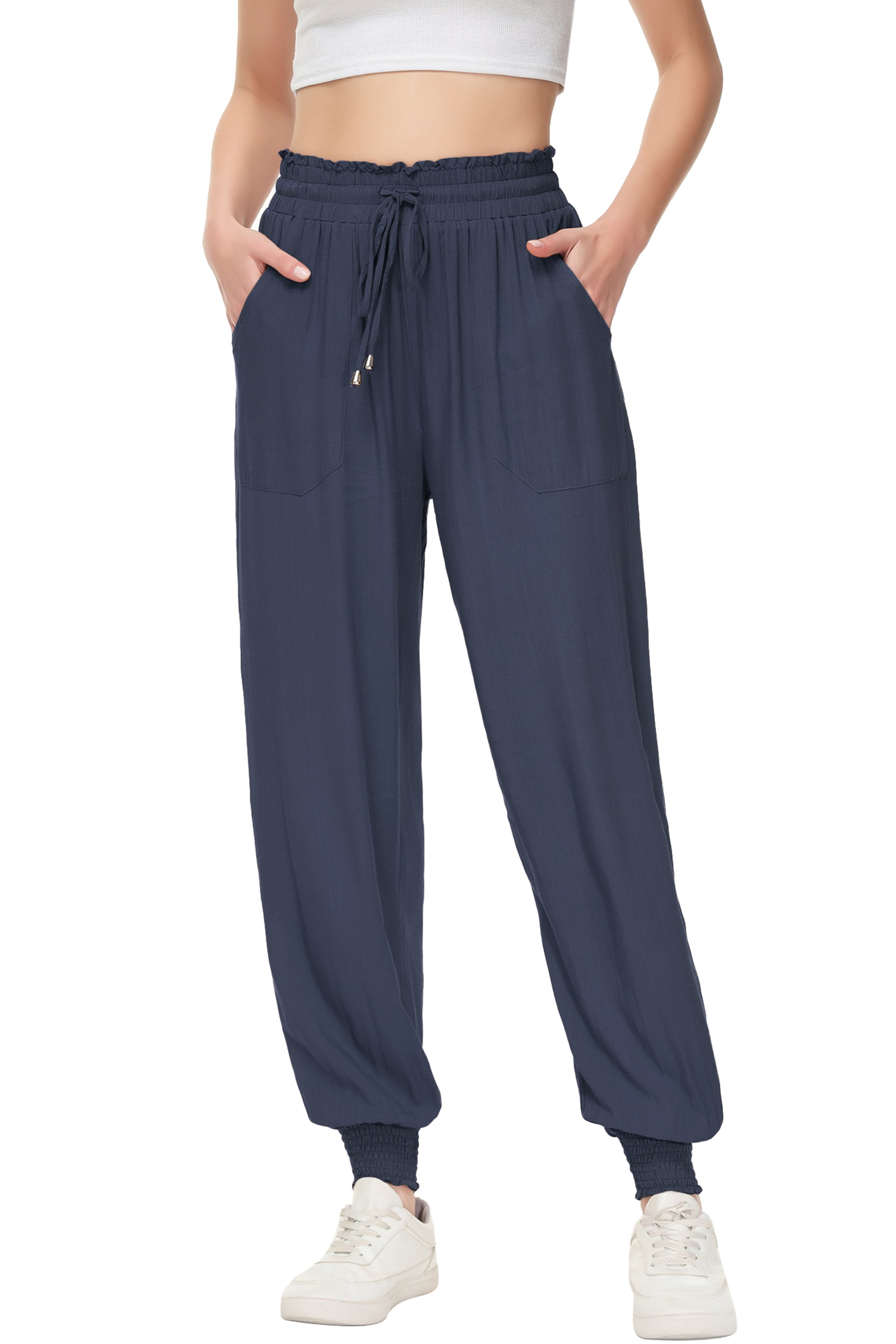 Women's Summer Lounge Pants Casual Loose High Waist Tapered Jogger Pant - Picture 30 of 32