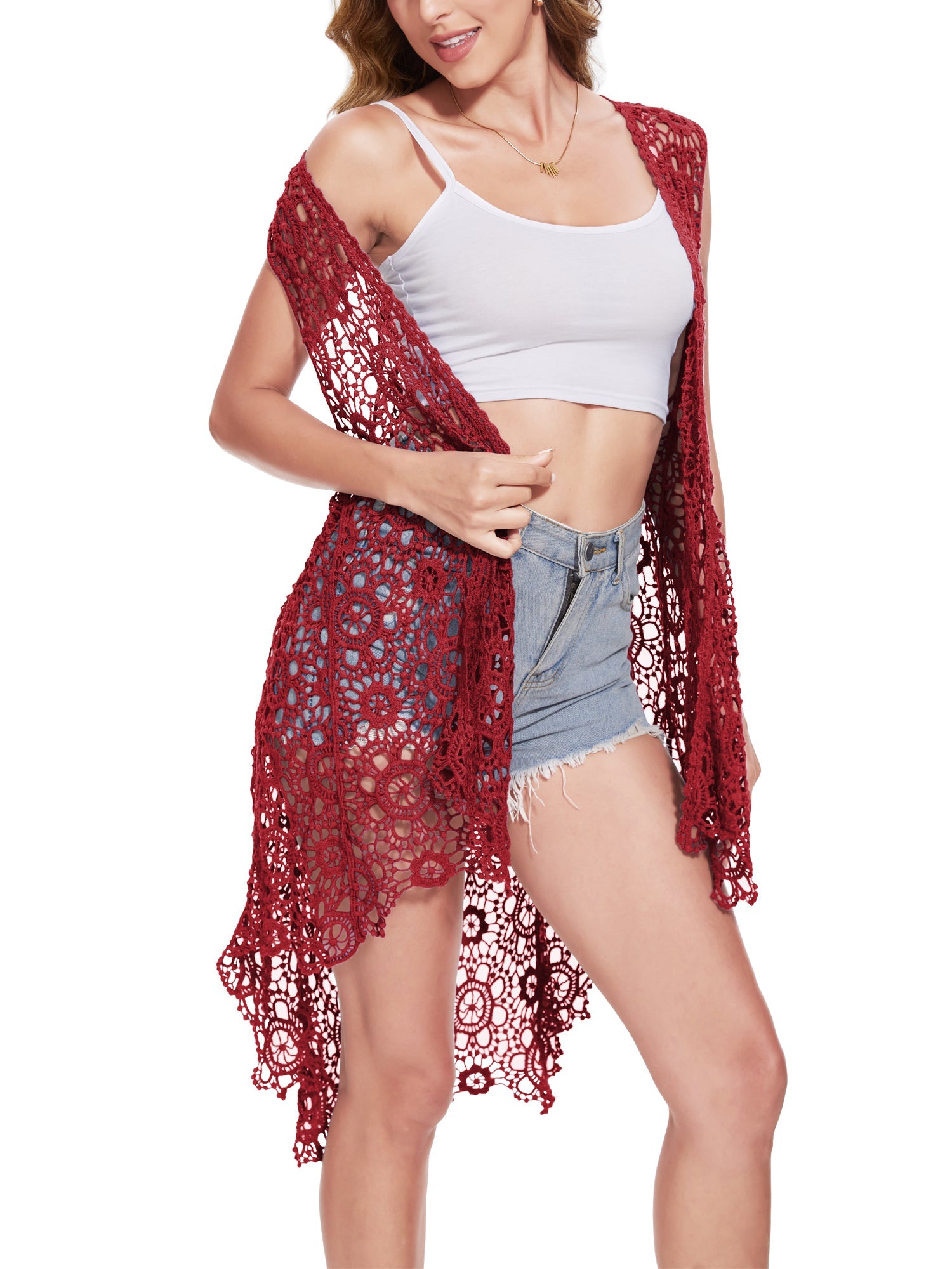Boho Crochet Long Vest Top Sleeveless Lace Cardigan Kimono Swimwear Cover Up - Picture 29 of 32