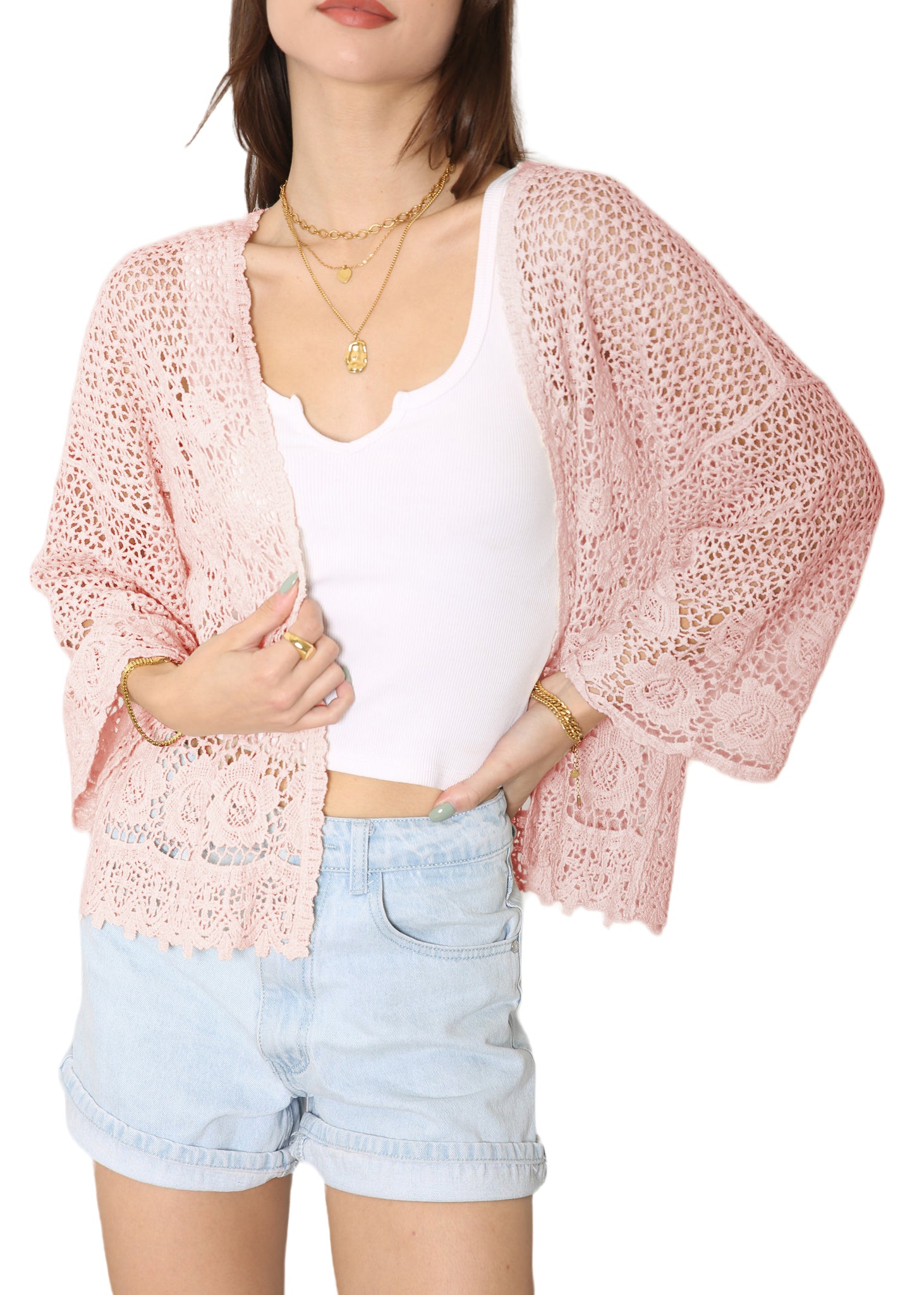 Cotton Womens Hippie Bohemian Floral Crochet Trim Swimsuit Cover Up Cardigan - Picture 20 of 20