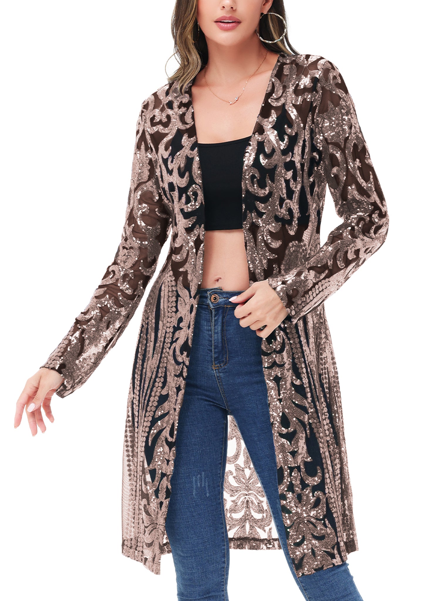 Women's Sparkly Sequin Cardigan Long Sleeve Open Front Glitter Kimono - Picture 26 of 34