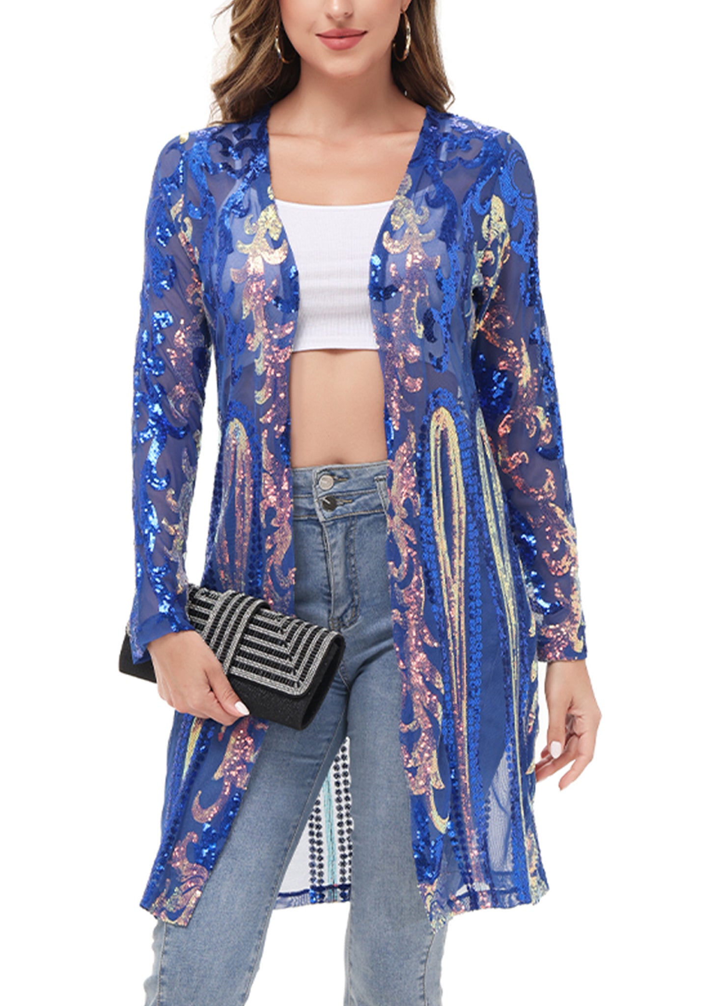 Women's Sparkly Sequin Cardigan Long Sleeve Open Front Glitter Kimono - Picture 27 of 34